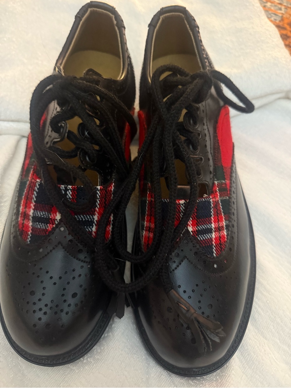 Black Leather Derby Shoes with Red Plaid Accents in Royal Stewart